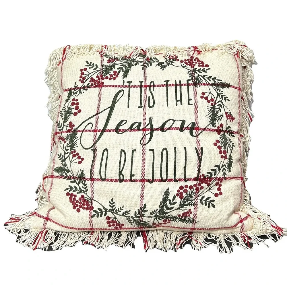 Christmas Throw Pillow Tis The Season Jolly Holly Maroon Berries ZIPS 19
